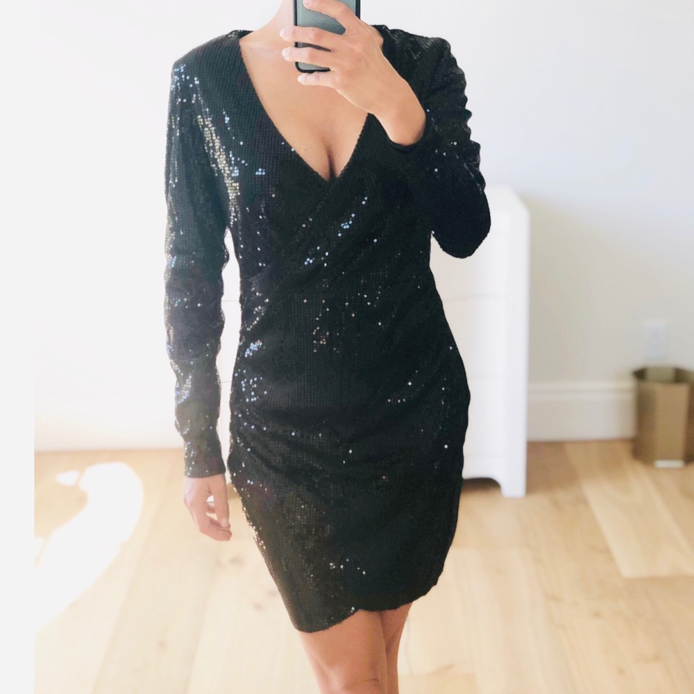 VEGAS Black Long Sleeve Sequin Surplice Dress - Picture 3 of 10